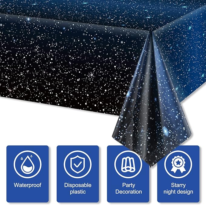8 Pieces Space Tablecloth Starry Night Tablecloth Decorations Plastic Galaxy Table Cover Space Stars Theme Party Supplies for Birthday Home Decorations, 54 x 108 Inch