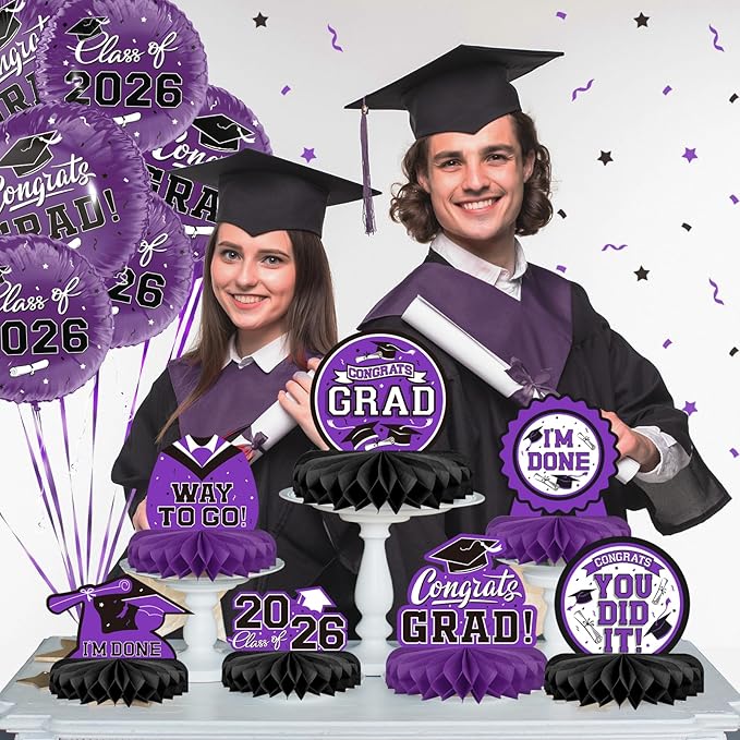 9PCS Graduation Party Decorations Class of 2026 Congrats Grad Table Centerpiece Congratulate Graduation Honeycomb Table Toppers for Graduation Party Supplies(Pueple,Black）