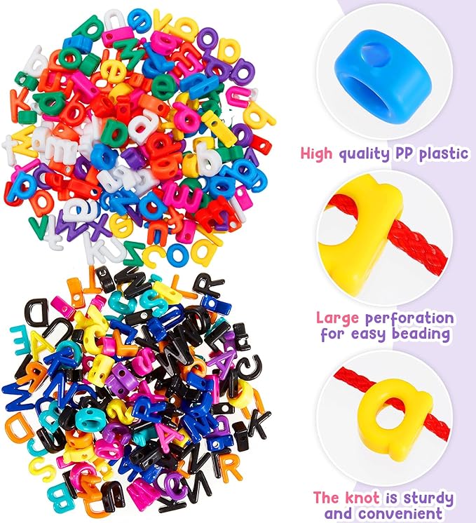 Wesiti Lacing Letters Beads Alphabet Learning Toys Toddler ABC Alphabet Beads Lacing Sports Skills Toys for Preschool Games Homeschool Supplies Early Spelling(Lowercase Uppercase Letters,408 Pcs)