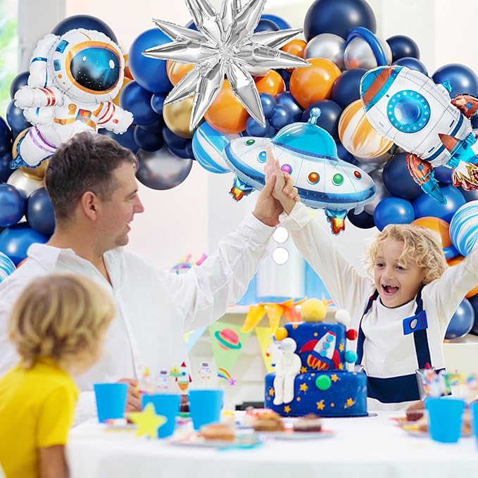 Ouddy Party 142Pcs Outer Space Party Decorations Balloon Garland Kit, Space Birthday Party Supplies UFO Astronaut Themed Navy Blue Silver Foil Latex Balloons for Boys Kids