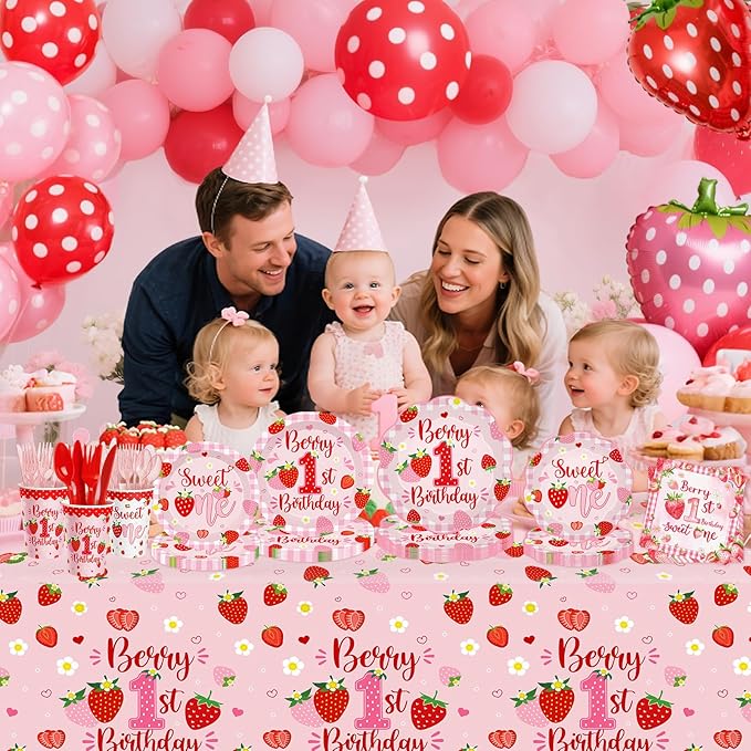 212ps Berry First Birthday Decor Strawberry 1st Birthday Paper Plates Cups Napkins Tablecloth Forks Tableware Berry 1st Bday Party Supplies Sweet One Girls Strawberry Baby Shower Decorations Serve 30
