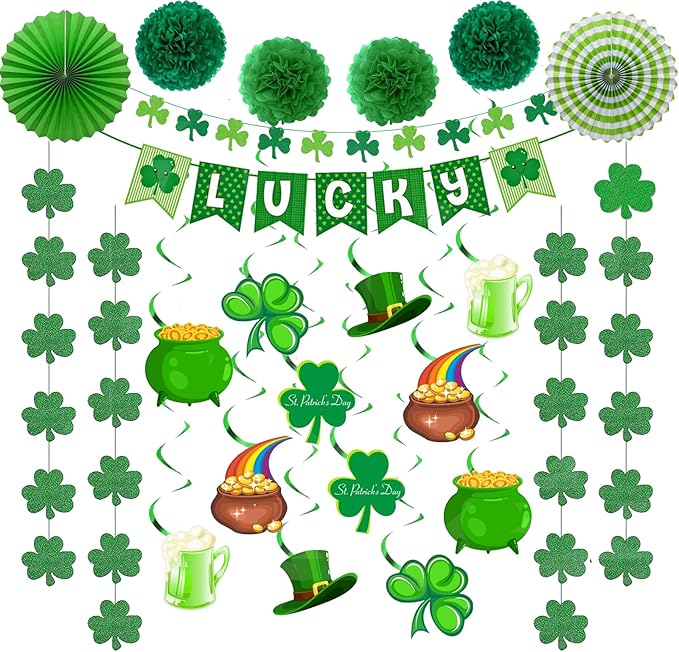 36 Pcs St Patricks Day Decorations Kit with Paper Flowers and Fan, Lucky Banner, Shamrock Garland and Shamrock Hanging Swirls Decor for Home Saint Patrick Party Supplies