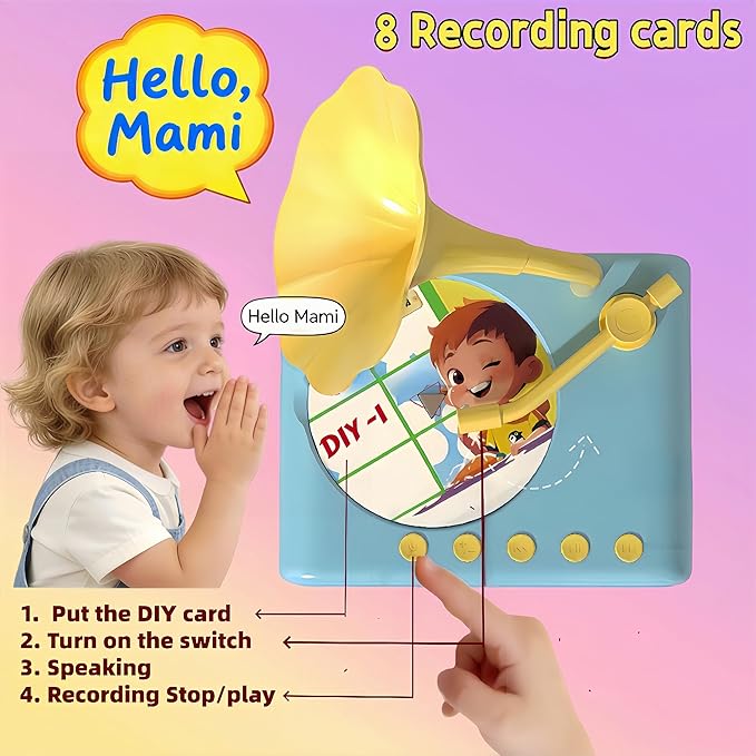2026 New Kids Phonograph with 96 Audio Cards + 8 DIY Recordable Cards - Toddler Gramophone Record Player - Early Education Phonograph Story Machine-Bedtime Story Music Player (Pink)