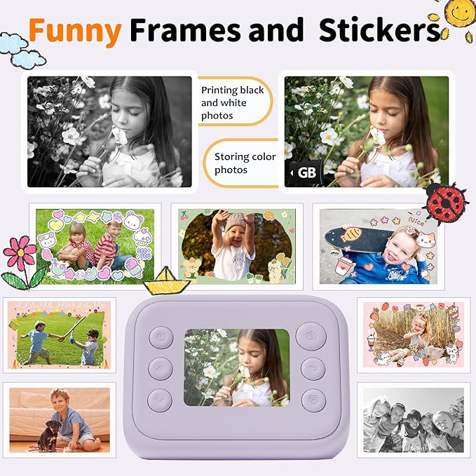Instant Print Camera for Kids, Christmas Birthday Gifts for Girls Boys Age 3-12, Thermal Printing,1080P Digital Video Portable Travel Toddler Toy Camera Purple