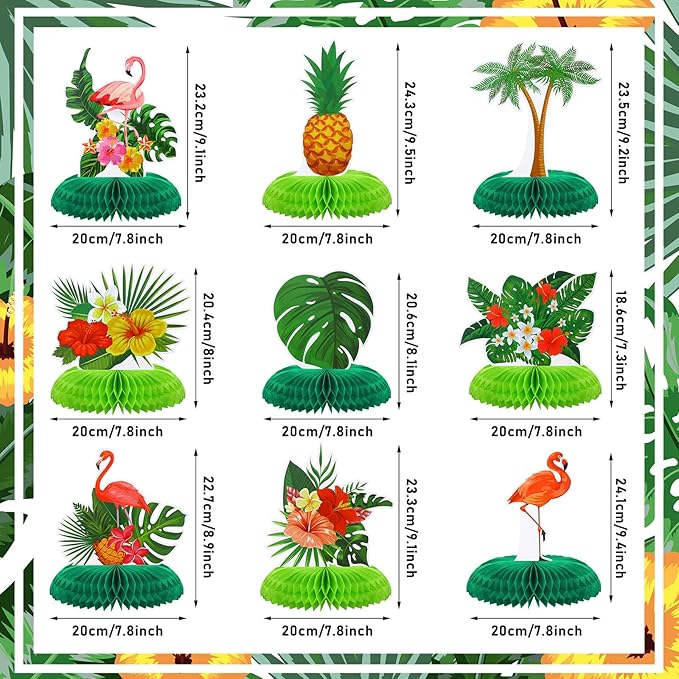 Honoson 9 Pcs Hawaiian Luau Aloha Party Decorations Summer Tropical Honeycomb Centerpieces Table Topper Flamingo Pineapple Palm Tree Table Centerpieces for Party Kids Birthday Beach Hawaii Supplies