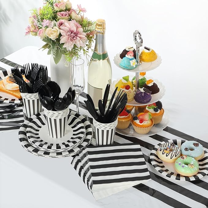 154 Pcs Black & White Party Supplies Disposable Dinnerware Set - Striped Tablecloth, Plates, Cups, Napkins, Cutlery for Wedding Birthday Party Supplies