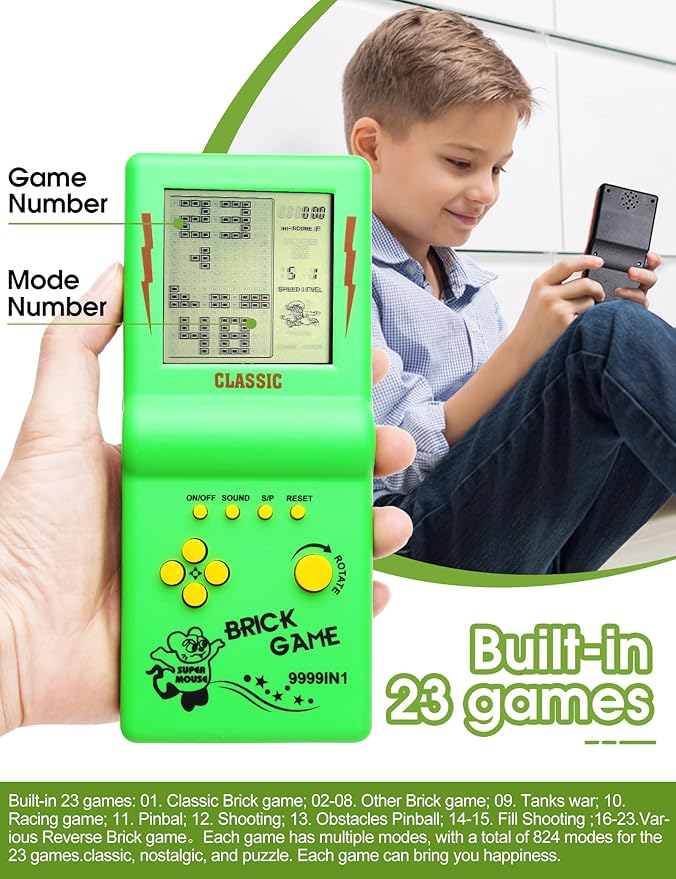 3.5-inch Large Screen Retro Brick Game Console for The 80s/90s Building Block Racing/Tank Game Built-in 23 Classic Games Nostalgic Puzzle Children's Console (Green)
