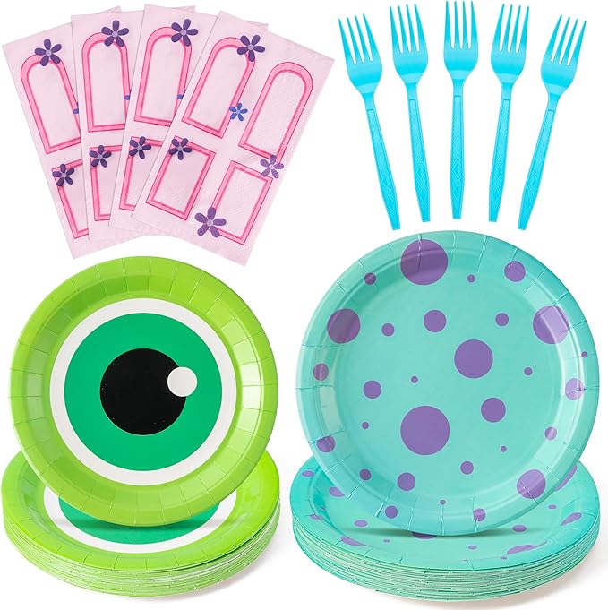 Monster Birthday Party Supplies - 96pcs Paper Plates Napkins Plastic Forks Kids Girl Boy Little Birthday Party Table Decorations Monster Themed Disposable Cake Tableware Set for 24 Guests
