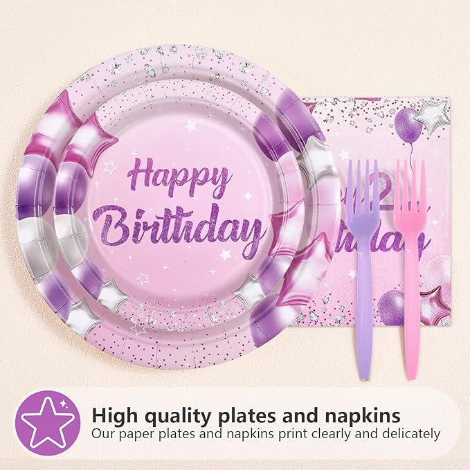 96Pcs Pink Purple 2nd Birthday Party Decorations Pastel 2nd Birthday Plates and Napkins Tableware Sets Pink Star Decorations Favors for Girls Baby Two Year Old Party Supplies Serves 24