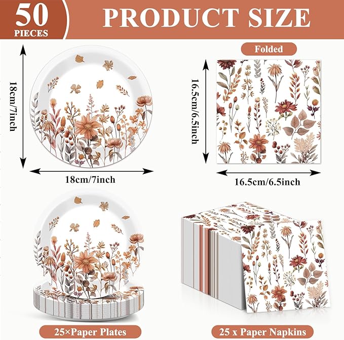 50Pcs Fall Floral Party Plates and Napkins 7 Inch Wildflower Birthday Decoration Thanksgiving Paper Dessert Plates Watercolor Autumn Tableware Set Serves 25 Guests Kids Boy Baby Shower Party Supplies