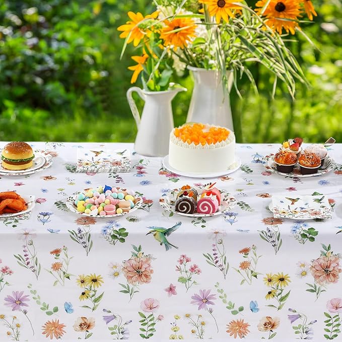 Zhehao 101 Pcs Spring Floral Party Decorations Wildflower Hummingbird Disposable Tableware Floral Paper Plates Napkin Tablecloth Party Decorations for Garden Picnic Baby Shower