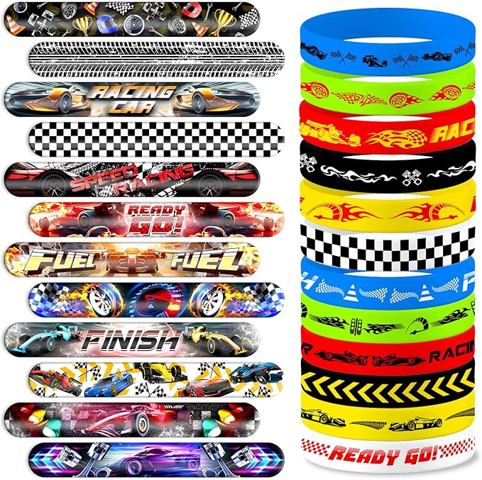 48PCS Race Car Party Bracelets Set | 24 Slap Bracelets + 24 Rubber Bracelets | SuperCar Silicone Wristbands Birthday Party Supplies, Classroom Rewards, Carnival Prizes