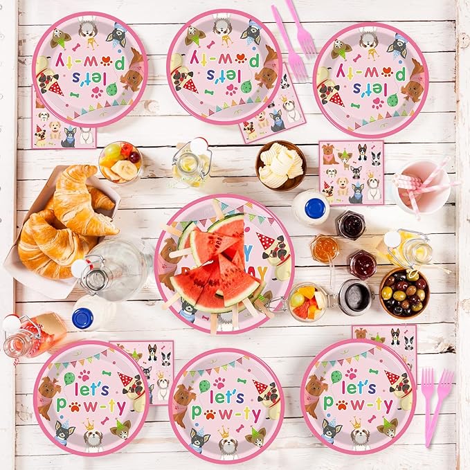 96 Pieces Dog Themed Birthday Party Decorations Puppy Party Tableware for Lets Pawty Party Dessert Plates Napkins Forks Birthday Favors 24 Guests