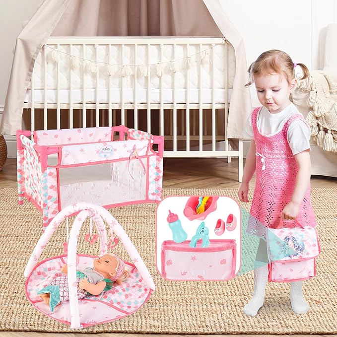 deAO Baby Doll Stroller Crib Bed Nursery Role Play Set Baby Doll Accessories and Play Mat,Travel Cot,Foldable Stroller and Travel Bag Birthday for Girls Boys Kids