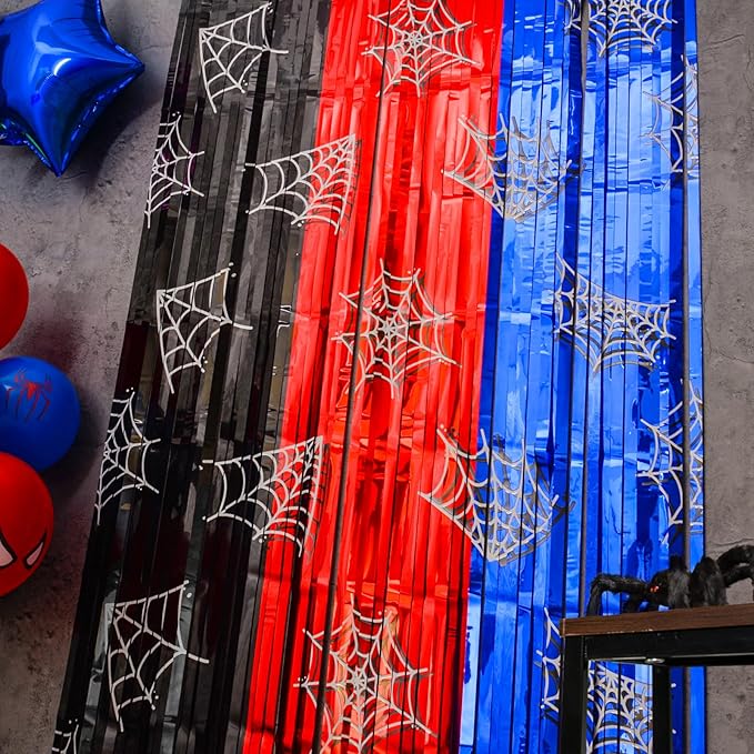 Spider Web Birthday Decorations, 2 Pack Spider Party Supplies 3.3x6.6ft Tinsel Foil Fringe Curtains, Red Black, and Blue Photo Booth Prop Backdrop Streamer, Birthday Decor, Party Decor for Boys