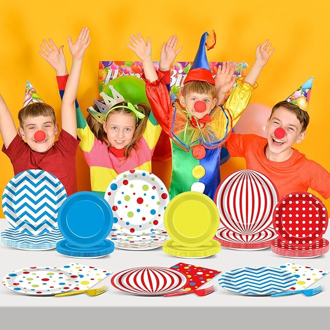 96Pcs Carnival Party Supplies Circus Theme Plates Napkins Tableware Set Red Blue Carnival Party Decorations Dinnerware for Kids Birthday Baby Shower Circus Favors Serves 24 Guests