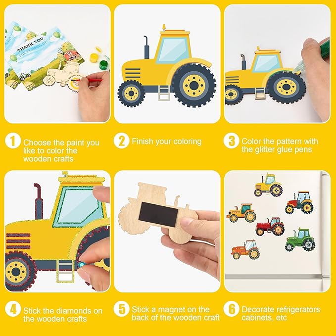 Bafeil 24 Sets Tractor Party Favors, DIY Wooden Painting Crafts Kit with Magnets, Tractor Birthday Party Supplies, Farm Theme Party Decorations Goodie Bags Gifts Stuffers Prizes
