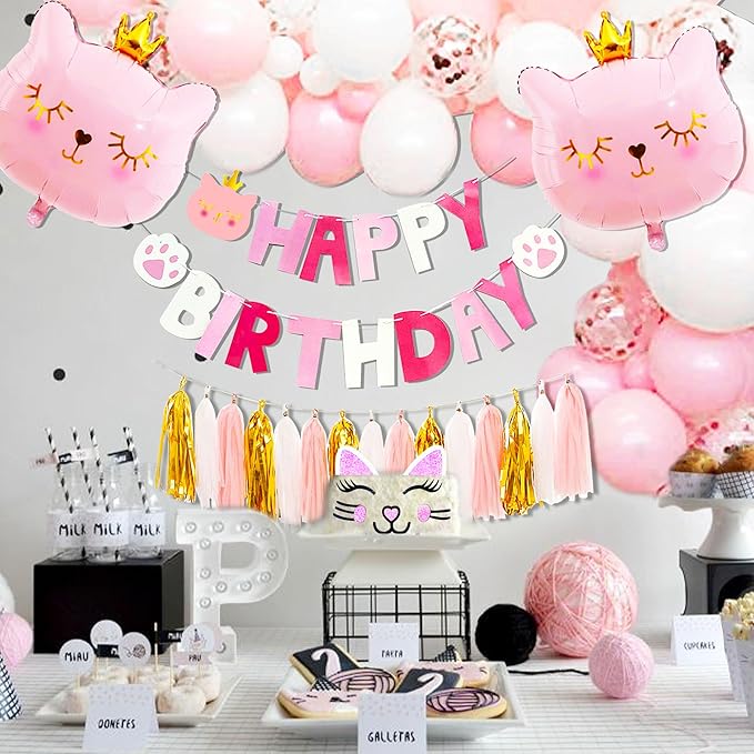 Pink Cat Birthday Party Decoration Kitty Cat Balloons Cat Kitty Birthday MEOW Banner Meow Party Supplies Pink Cat Kitty Cake Decoration