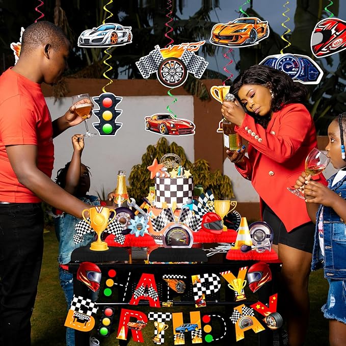LARRAZABAL Race Car Birthday Party Decorations, Race Car Party Decorations Include Race Car Banner, Race Car Hanging Swirls and Honeycomb Centerpieces, Race Car Birthday Party Supplies