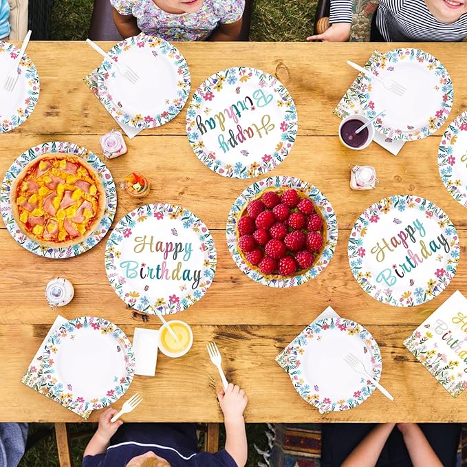 96Pcs Spring Flower Birthday Party Decorations Colorful Wildflower Plates and Napkins Groovy Boho Floral Leaf Disposable Paper Tableware Set for Wedding Tea Garden Party Supplies Serves 24