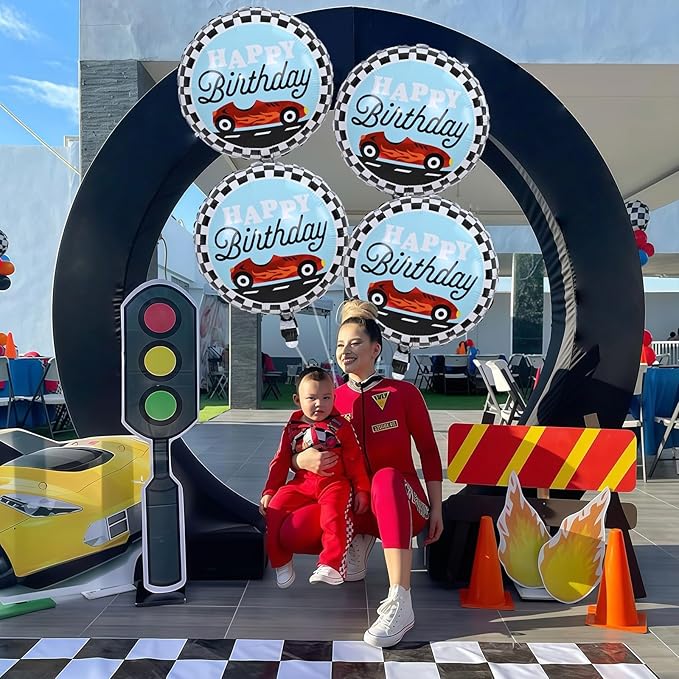 18 Inch Race Car Happy Birthday Balloons, 4pcs Black and White Checkered Racecar Foil Round Balloon, Two Fast One Birthday Decor for Kids Boys Racing Car Driver Monster Truck Theme Party Decorations