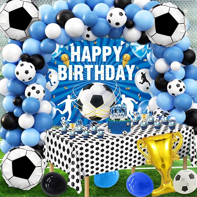 Soccer Birthday Party Decorations, 97Pcs Soccer Party Decorations with Balloons Happy Birthday Backdrop Soccer Tablecloth and Cake Toppers for Soccer Party Supplies
