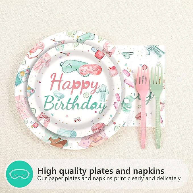 96Pcs Spa Birthday Party Supplies Slumber Sleepover Pajama Plates and Napkins Tableware Sets Pink Makeup Happy Birthday Dessert Plates Decorations Favors for Girls Baby Shower Holiday Party Serves 24
