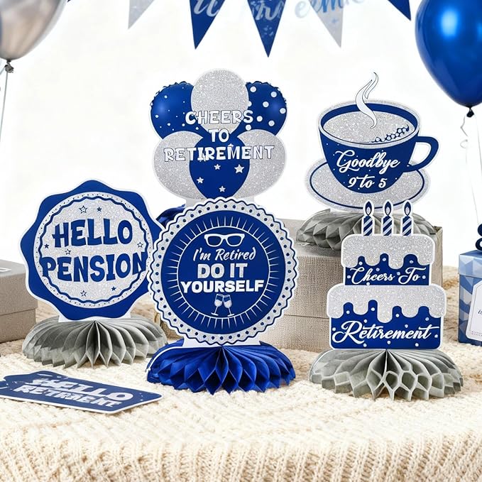Pickmesh 12 Pieces Blue Retirement Party Decorations Honeycomb Centerpieces Blue Silver Happy Retirement Table Decorations 7 Day Weekend Goodbye 9 to 5 Table Topper for Party Decoration Supplies