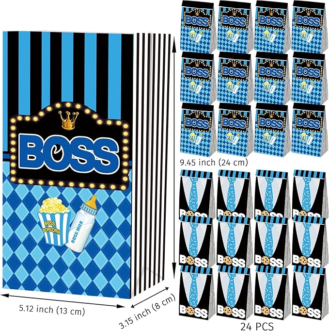 BOSS Party Favor Gift Bags 24 PCS with 30 Stickers for Blue Black Boy Birthday Baby Shower Goodie Candy Treat Bags Party Decoration Supplies