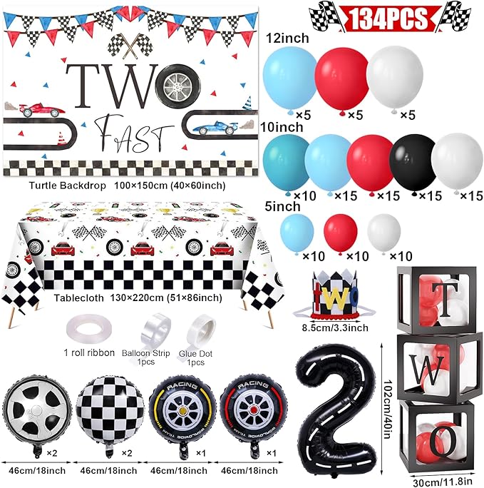 134 Two Fast Birthday Decorations Race Car Party Supplies for 2 Year Old Boy Racing Balloon Garland Arch Kit Backdrop Tablecloth Box Crown Wheel Checkered Balloon 2nd Two Fast Birthday Decor