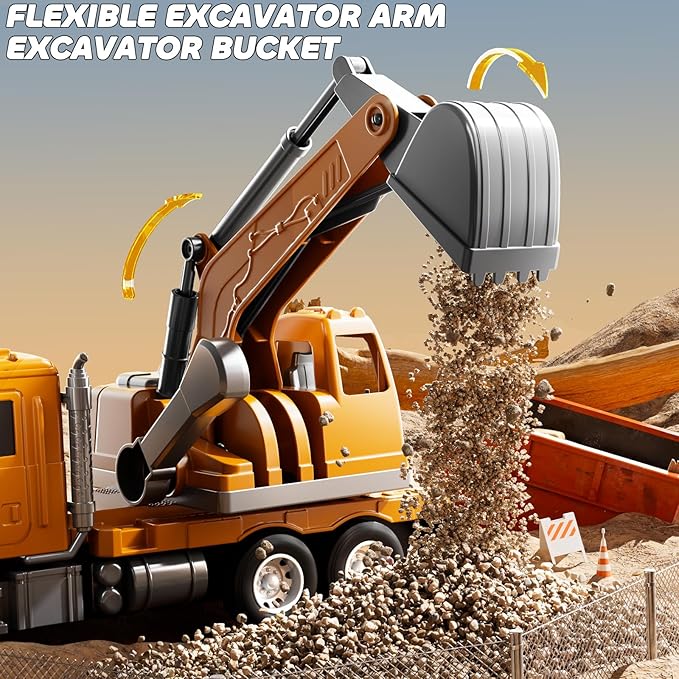 Excavator Toys for Boys Aged 3-5 4-6, Play Excavator with Light and Sound, Toy Truck Construction Vehicles Cars for Kids 2-4 4-7 Years Old, Birthday Gift for Girls Toddlers 1-3