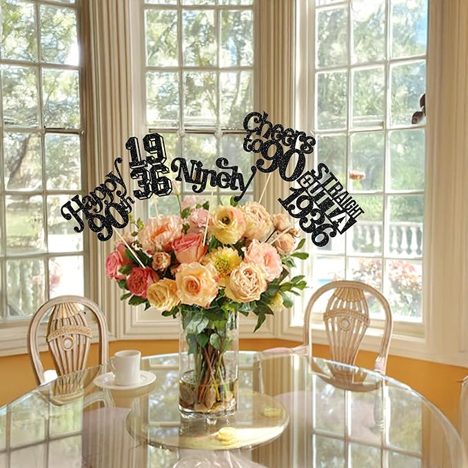 Gyufise 15Pcs Happy 90th Birthday Centerpiece Sticks Ninety Straight Outta 1936 Table Flower Centerpieces Sticks Cheers to 90 Decorations for 90th Birthday Party Supplies Black