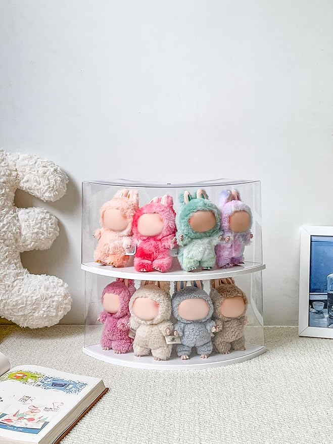 Half-Moon Clear Toy Organizer Compatible with Labubu - Corner Storage Box for 7 Inch Collectibles, Stackable Display Case with Dust-Proof Lid & Accessory Shelf