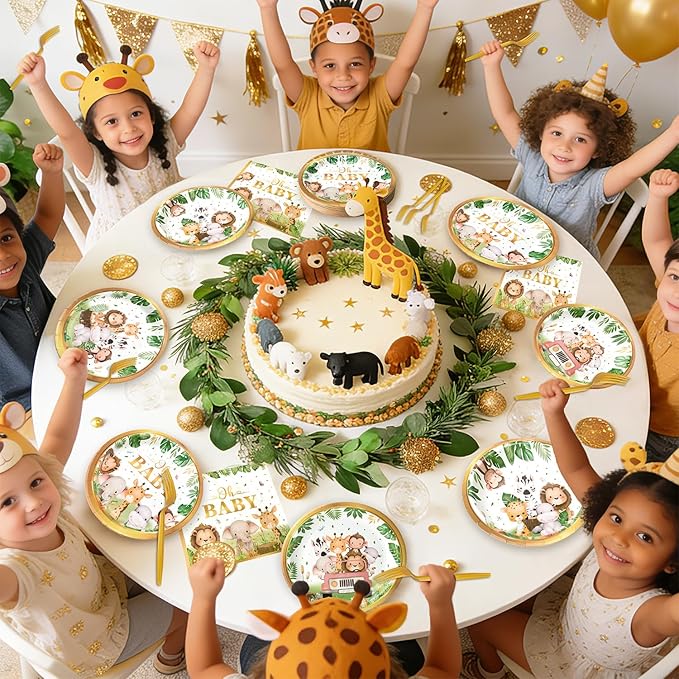 96 Pcs Safari Baby Shower Plates and Napkins Tableware Set (Serves 24), Plates Napkins and Forks Sets, Party Supplies, Jungle Safari Baby Shower Decorations