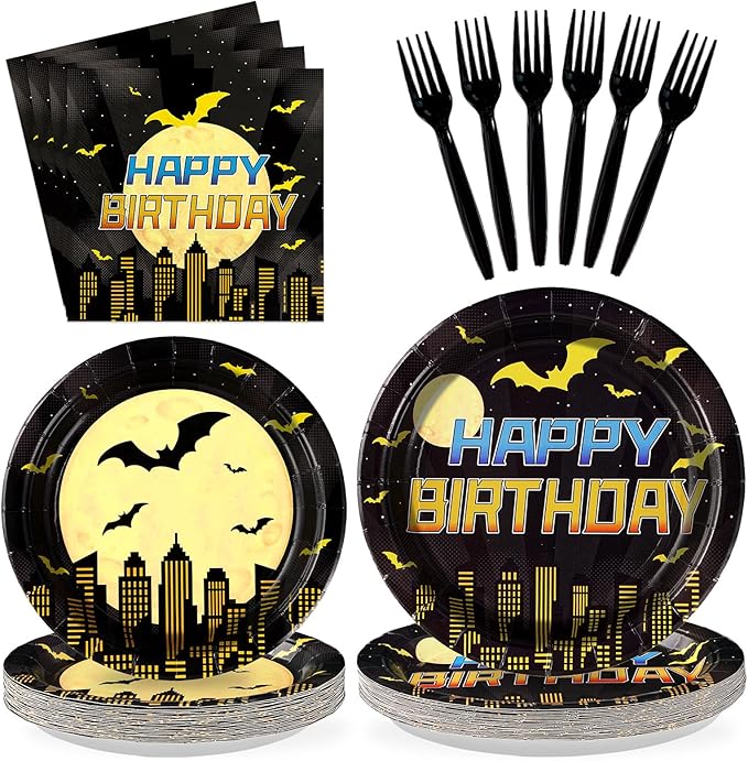 96Pcs Bat Theme Birthday Party Decorations Yellow Black Bat Birthday Dessert Plates and Napkins Set Cartoon Hero Decoration for Boys Baby Shower Super Theme Hero Bats Holiday Party Supplies Serves 24