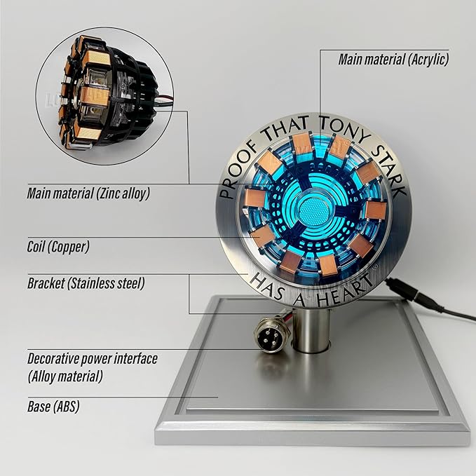 Arc Reactor MK1-1:1 Scale, USB Powered LED Light with Vibration Sensor, No Assembly, Display Case Included