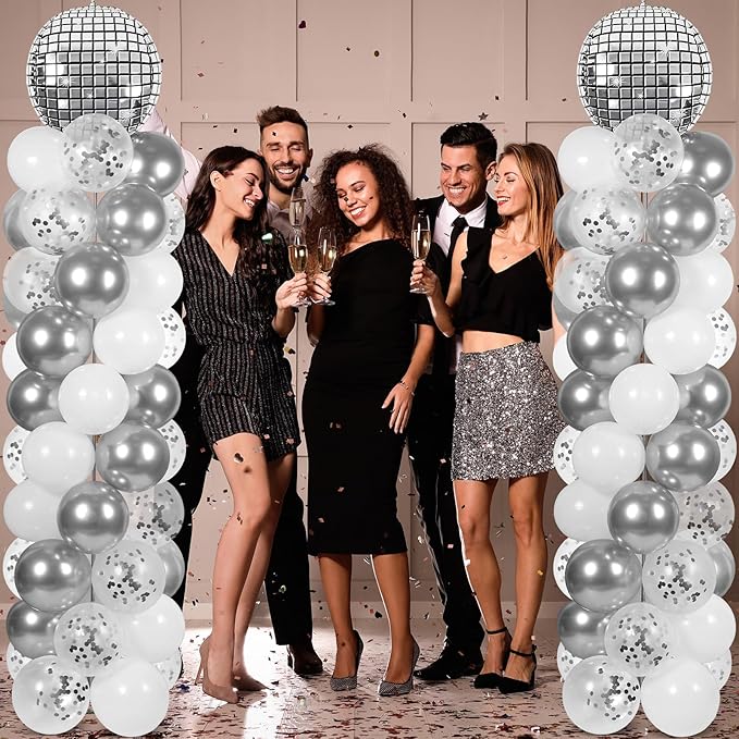 2 Sets Disco Ball Party Balloon Column Stand Kit with 102 Silver Disco Foil Balloons 5.57Ft Adjustable Balloon Tower Stand with Base Adjustable Arch Column for 70s 80s 90s Dance Birthday Supply