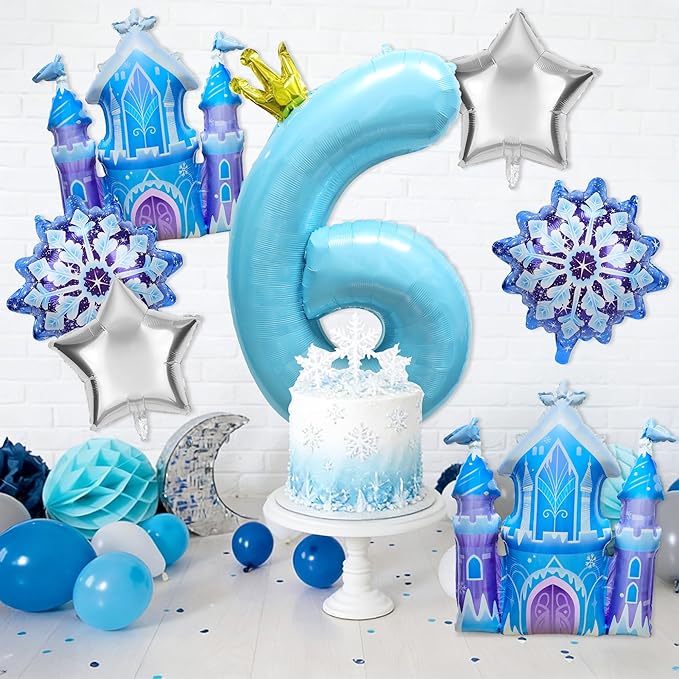 7Pcs 6th Birthday Party Decorations Balloons,Winter Snowflake Balloons Large Blue 40 Inch Number 6 Balloon Foil Star Castle Ballon for Birthday Party Favor Decor Supplies Winter Wonderland Decoration