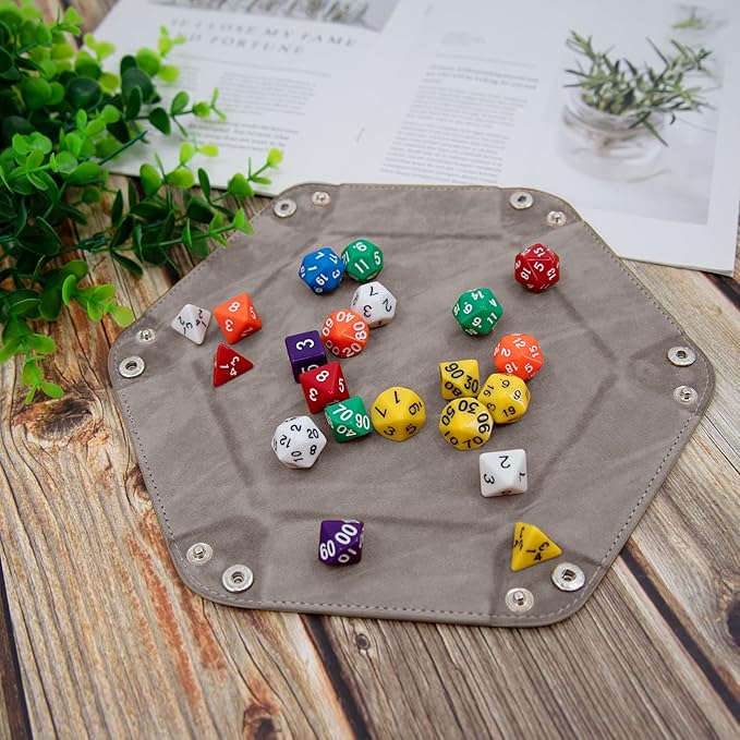 SIQUK 2 Pieces Dice Tray PU Leather Dice Trays Folding Hexagon Dice Holder Tray for Dice Games Like RPG, DND and Other Table Games (Gray and Violet)