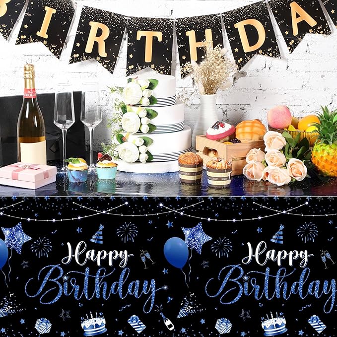 Tudomro 3 Pcs Happy Birthday Tablecloths Happy Birthday Party Decorations Plastic Table Cover Rectangular Cloths for Women Men Baby Shower Party Supplies, 108 x 54 Inch (Black Blue)