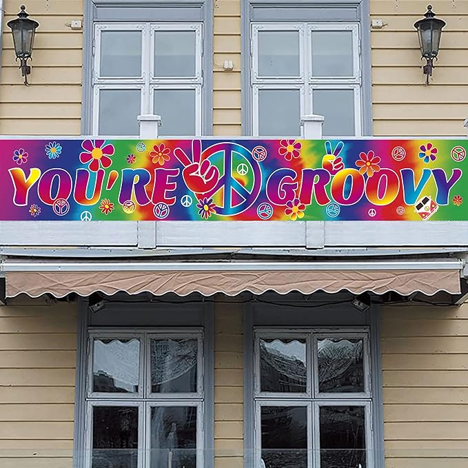 Groovy Long Banner with 118X19.7 inch,60's Carnival Groovy Party Decoration Banner Photography Backdrop Supplies for Retro Hippie Decorations