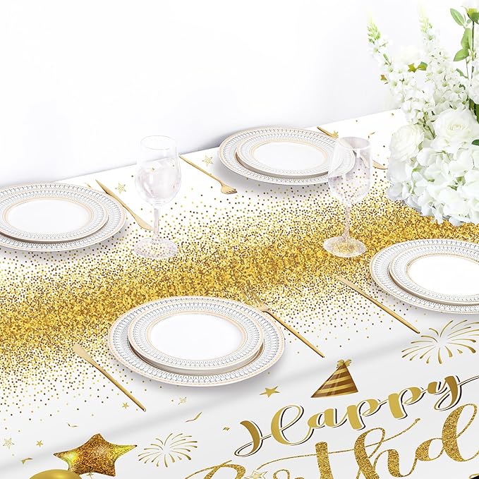 Tudomro 3 Pcs Happy Birthday Tablecloths Happy Birthday Party Decorations Plastic Table Cover Rectangular Cloths for Women Men Baby Shower Party Supplies, 108 x 54 Inch (White Gold)