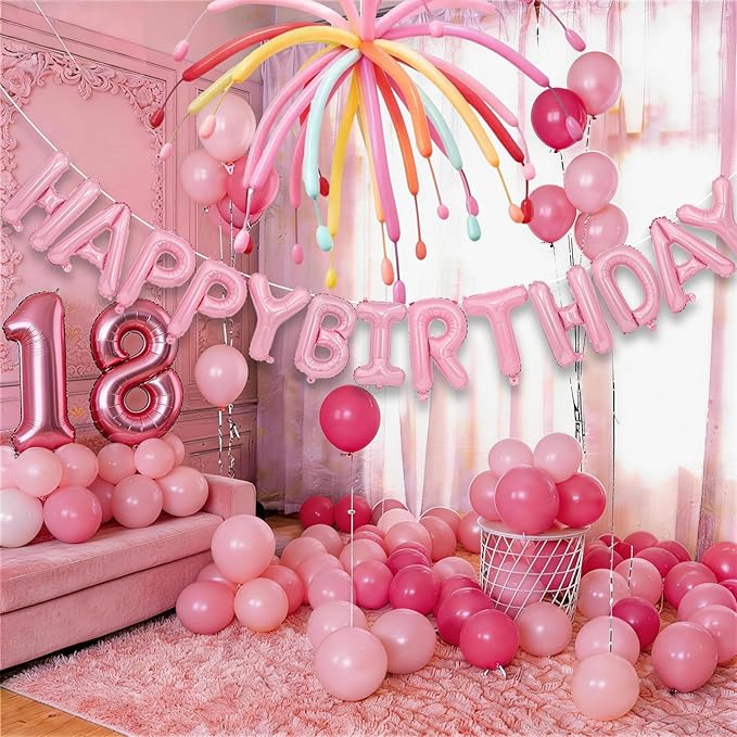 Pink Happy Birthday Banner Balloon Aluminum Foil 16in Letter, 12in Latex Balloons, 11.8in Long Balloons, 16in Love Heart Aluminum Foil Balloon, Men, Women, Party Decoration Supplies (Pink)