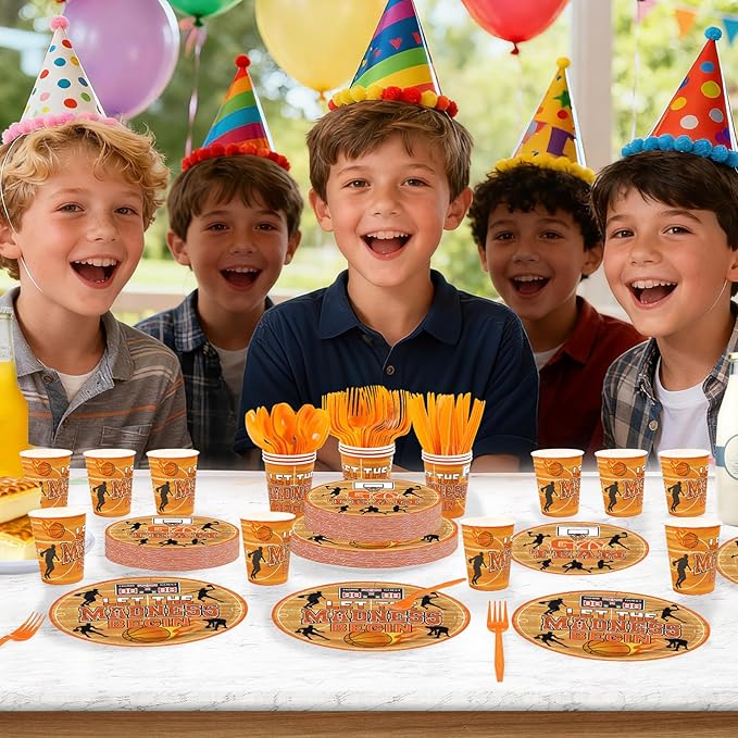 168Pcs Basketball Party Decorations Let The Madness Begin Plates Napkins Cups Forks Knives Spoons March Theme Basketball Sports Tableware for Boys Sports Birthday Party Supplies Serves 24