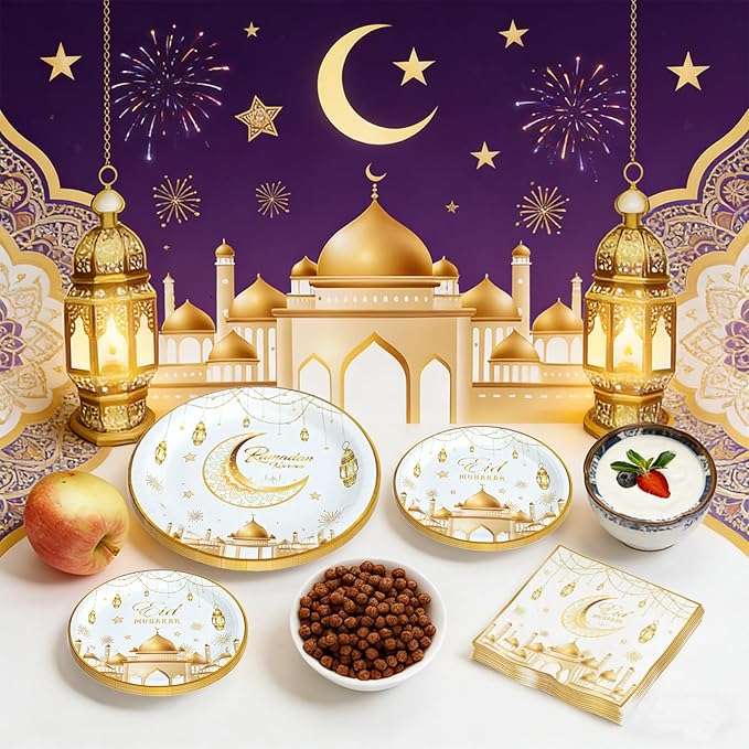 180pcs Ramadan Eid Mubarak Party Supplies,Eid Mubarak Plates and Napkins Set,for Ramadan Party Decorations, Serve 60 Guest