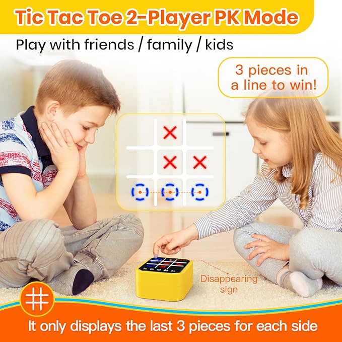 Rechargeable Tic Tac Toe Game Box, Upgraded 5 Fun Brain and Memory Games, Compact Handheld Game Console, Portable Puzzle Travel Game Ideal Gifts for All Ages 3+ (Yellow)