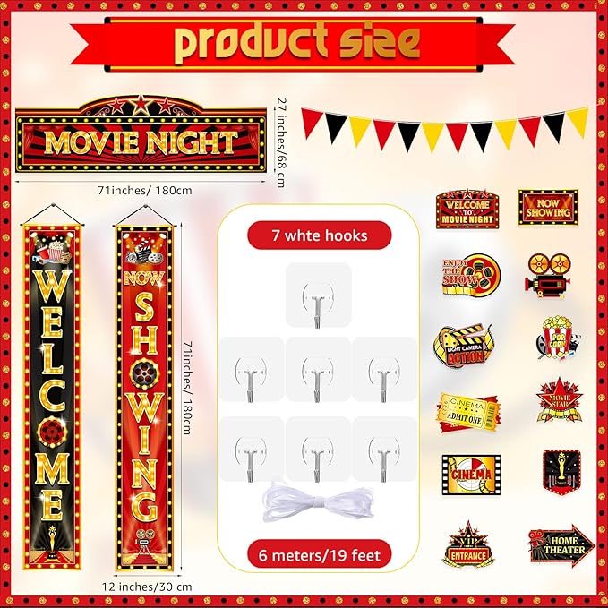 ShinyRelief 14 Pcs Movie Night Decorations Set Welcome Now Showing Door Banners Movie Theme Directional Signs for Home Film Red Carpet Event Awards Night Background Ceremony Party Supplies