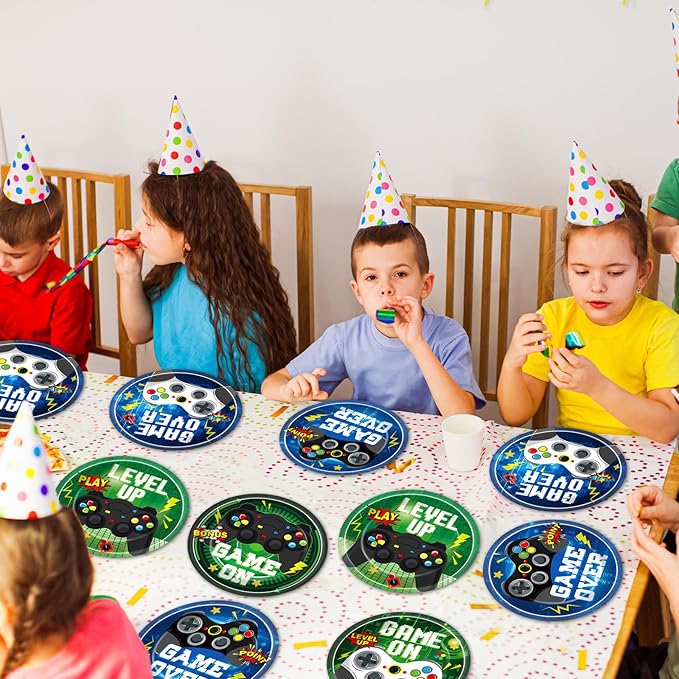 60PCS Video Game Birthday Party Plates Blue Green Gamer Disposable Paper Dessert Plates for Video Gaming Birthday Decorations Gaming Party Tableware Set for Boys Kids Game on Theme Parties Supplies