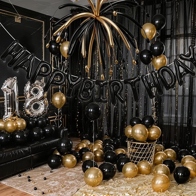 Black Happy Birthday Banner Balloon Aluminum Foil 16in Letter, 12in Latex Balloons, 11.8in Long Balloons, 16in Love Heart Aluminum Foil Balloon, Men, Women, Party Decoration Supplies (Black)