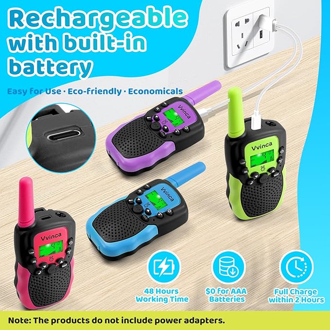 Vvinca Walkie Talkies for Kids Rechargeable 4 Pack, 3 Mile Walkie Talkie Long Range, Christmas Birthday Gift for Age 3-12 Boy Girl with Flashlight 22CH 2 Way Radio for Adventure Camping Outdoor Hiking